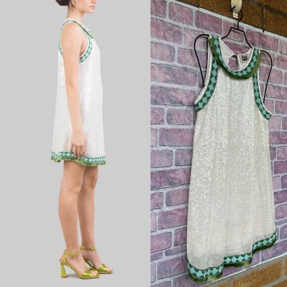 PHO FIRENZE WHITE SEQUIN MINI DRESS WITH DECORATED PROFILES XS - Picture 3 of 17